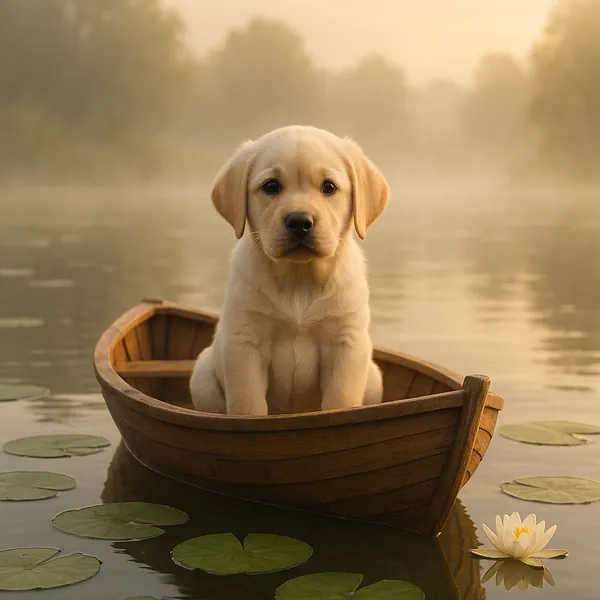Enjoy assembling a puzzle depicting a golden Labrador puppy sitting in a small wooden rowboat on a misty lake.