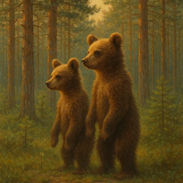 Enjoy assembling a puzzle depicting two fluffy brown bear cubs standing side by side in a misty pine forest.