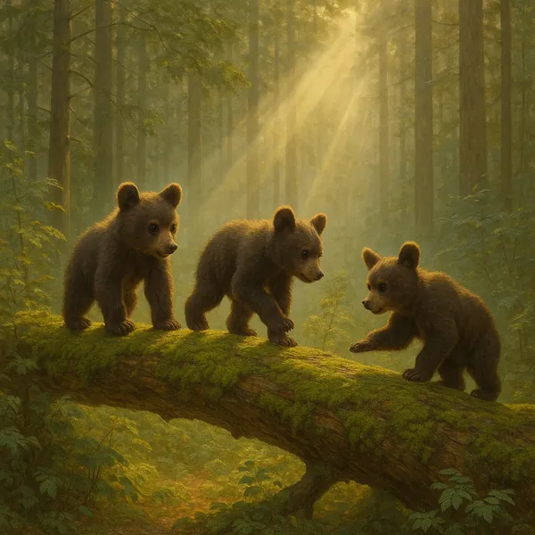 Discover a puzzle with three adorable bear cubs exploring a mossy log in a sunlit forest.