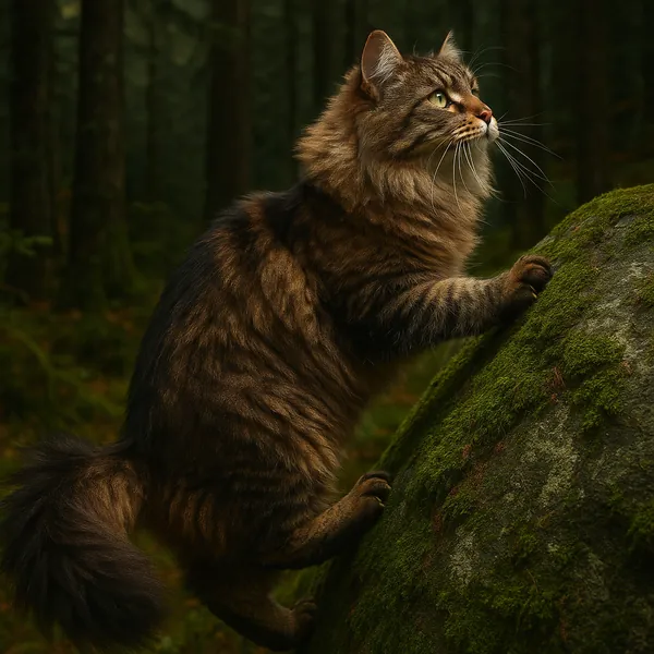 Enjoy assembling a puzzle depicting a fluffy brown tabby cat pausing on a moss-covered rock in a quiet, shadowed forest — warm chestnut and amber fur contrasts