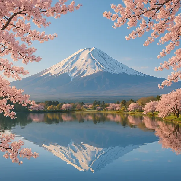 Discover a puzzle with a majestic snow-capped mountain rising over a mirror-smooth lake framed by delicate pink cherry blossoms in full spring bloom.