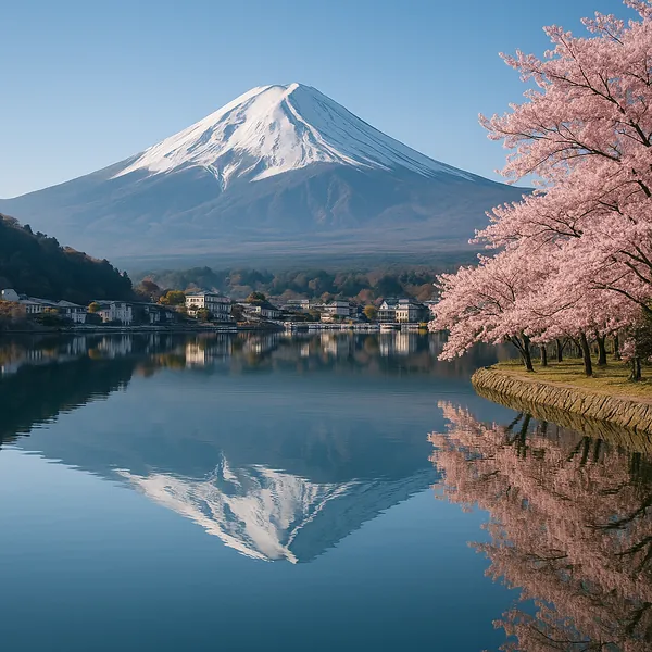 Discover a puzzle with a serene lakeside scene showing a majestic snow-capped mountain rising under a clear blue sky, its perfect reflection mirrored in calm wa