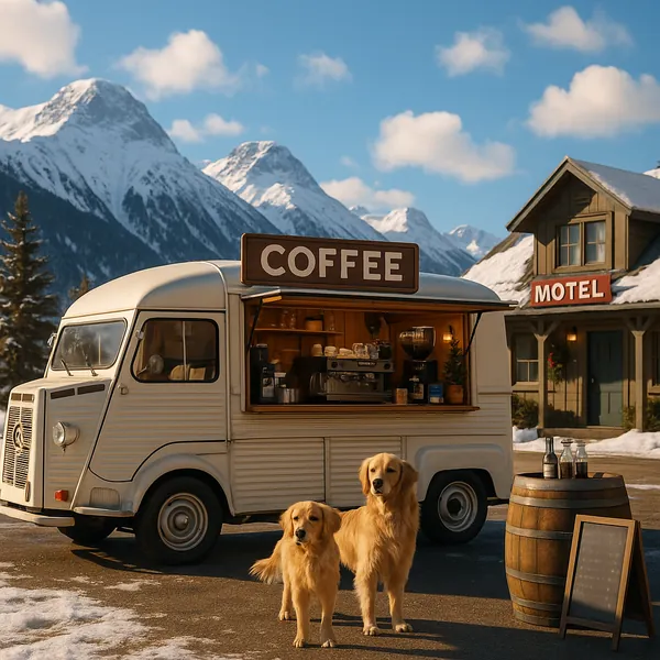 Enjoy assembling a puzzle depicting a cozy mountain coffee scene with a vintage cream-colored coffee van parked by a rustic motel against snow-capped blue peaks