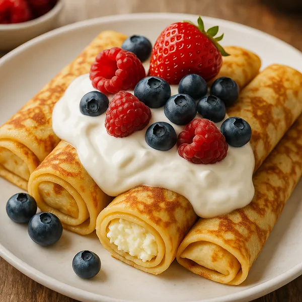 Enjoy assembling a puzzle depicting three golden-brown rolled crepes filled with soft cheese, topped with a dollop of creamy yogurt and a scatter of bright blue