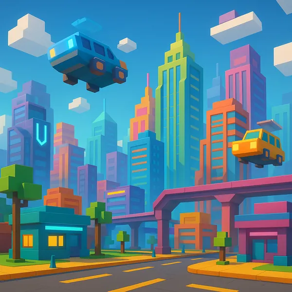 Discover a puzzle with a vibrant, blocky cityscape filled with colorful skyscrapers and playful flying cars soaring above pastel streets.