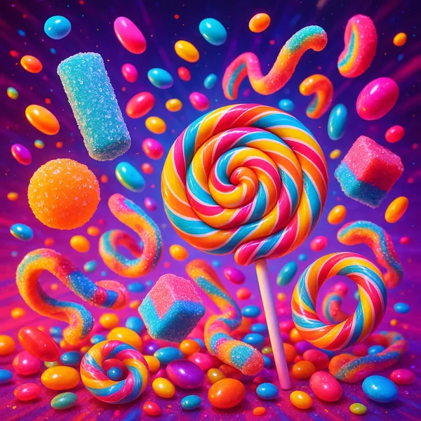 Discover a puzzle with a swirl of rainbow lollipops and an array of floating, sugar-coated candies set against a radiant purple-pink backdrop.