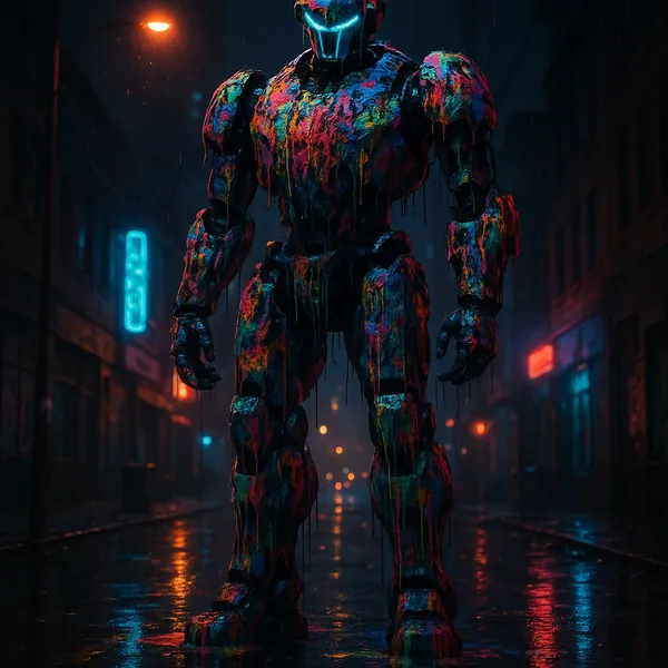 Enjoy assembling a puzzle depicting a towering neon robot standing in a rain‑slick city street, its armored form dripping with vibrant, multicolored paint.