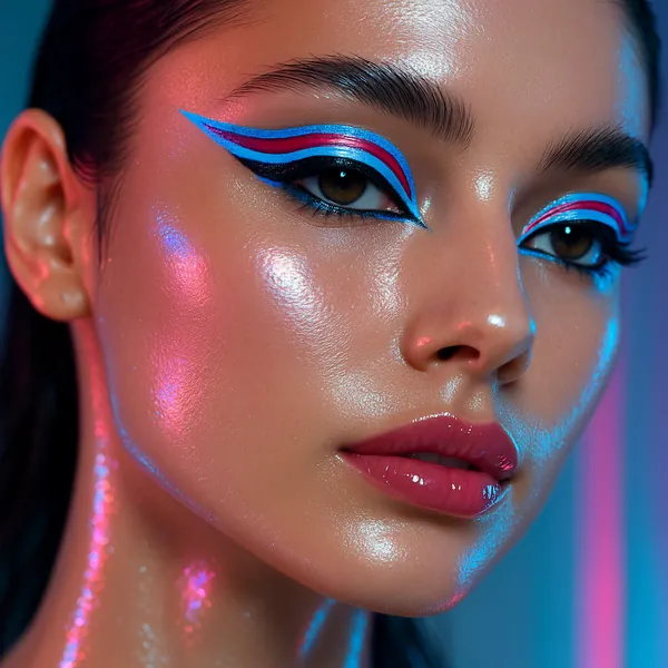 Discover a puzzle with a close-up portrait of a glossy-skinned face lit by neon pink and electric blue highlights, showcasing precise, layered eyeliner in turqu