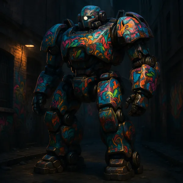 Discover a puzzle with a towering graffiti-covered robot standing in a shadowy urban alley.