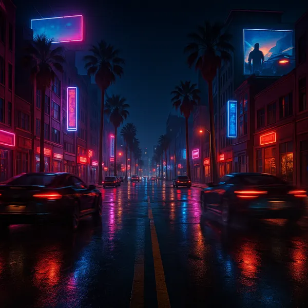 Discover a puzzle with a neon-lit night street scene: a rain-slick avenue lined with palm trees, low-rise buildings and glowing billboards, where sleek cars blu