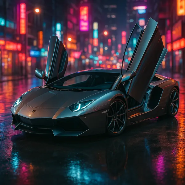 Discover a puzzle with a sleek supercar parked on a rain-slick city street, its dramatic scissor doors raised against a backdrop of neon signs.