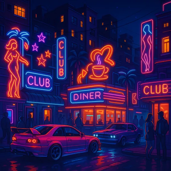 Discover a puzzle with a neon-lit city street at night, where glowing signs for clubs and a cozy diner cast vibrant pink, blue, and orange reflections across ra