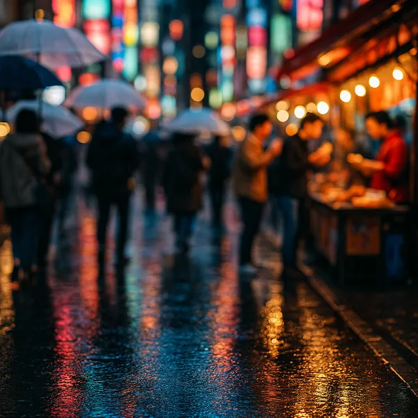 Discover a puzzle with a rainy night market scene bathed in glowing neon and warm stall lights, where blurred figures with umbrellas wander along a wet, reflect