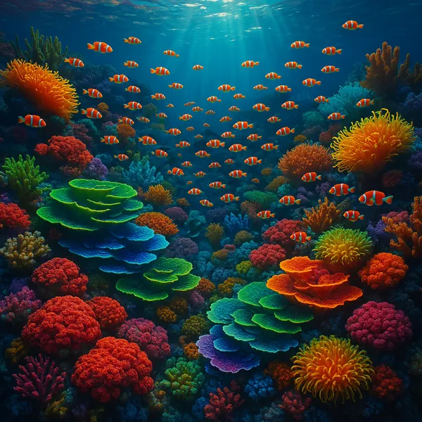 Discover a puzzle with a vibrant underwater coral reef alive with colorful plate corals, fluffy anemones, and a playful school of orange-and-white clownfish dri