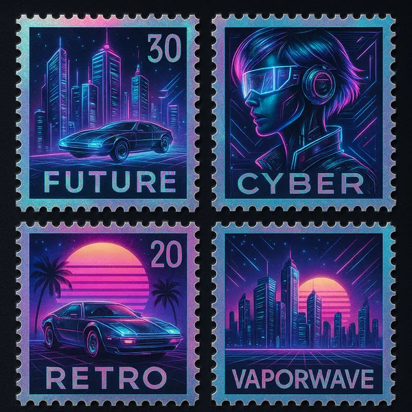 Discover a puzzle with four neon-stamped scenes that blend retro-futuristic style and vaporwave vibes.