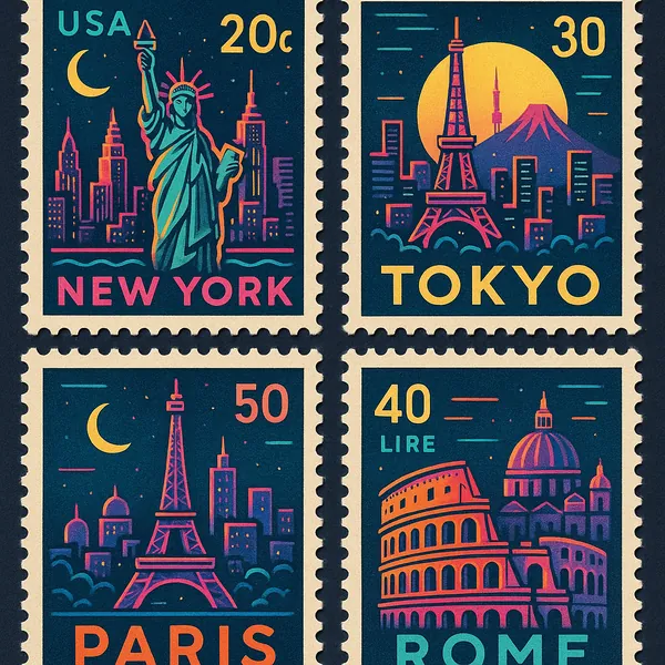 Discover a puzzle with four vintage-style travel stamps showcasing iconic cities: a teal Statue of Liberty rising against a deep navy New York skyline, a warm-g