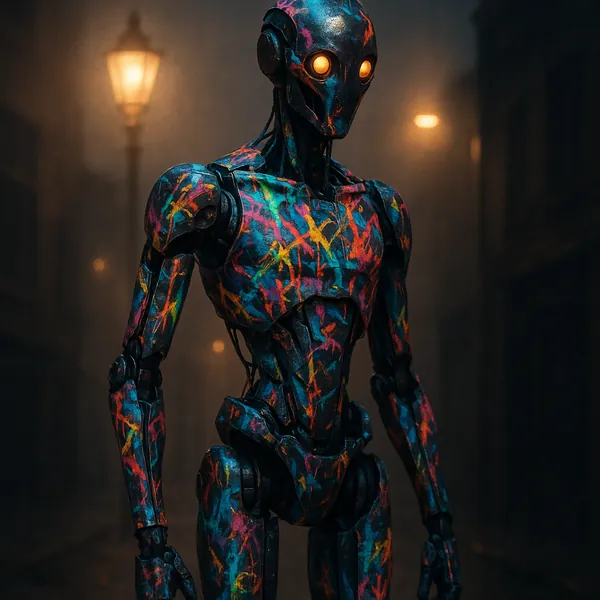 Discover a puzzle with a striking humanoid robot covered in vivid, graffiti-like splashes of neon color standing in a foggy, lamp-lit street.