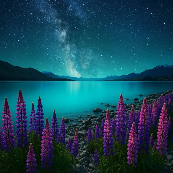 Discover a puzzle with a tranquil lakeside scene under a starry Milky Way — vivid turquoise water stretches toward distant blue mountains while tall purple lupi