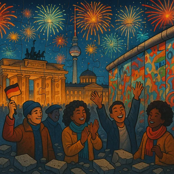 Discover a puzzle with a festive nighttime scene of Berlin: glowing orange light bathes the Brandenburg Gate and TV Tower as colorful fireworks burst across a d