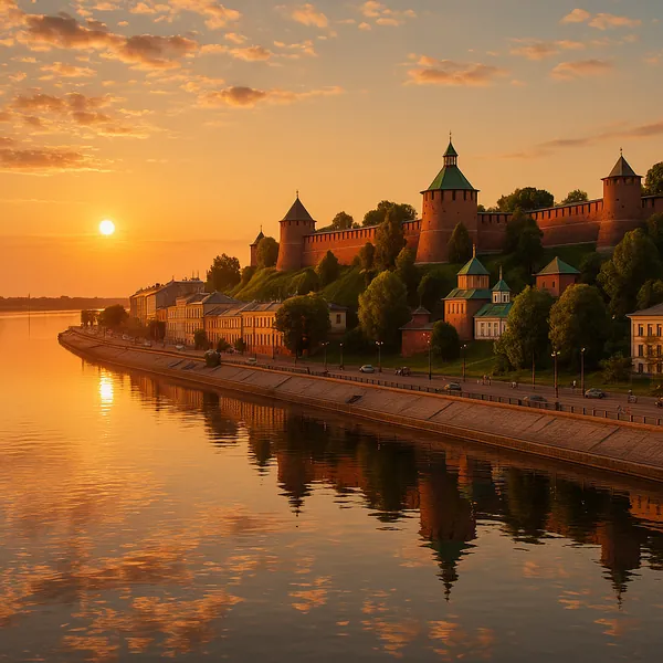 Discover a puzzle with a sunlit riverside fortress at golden hour, where brick towers and green-roofed turrets sit atop a verdant embankment.