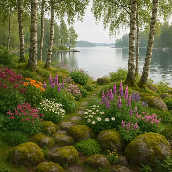 Discover a puzzle with a tranquil lakeside scene framed by slender birch trees and a winding stone path leading to calm water.