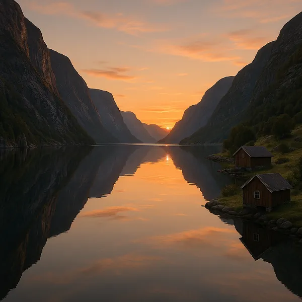 Discover a puzzle with a tranquil sunset fjord scene: warm orange and peach skies melt into a glassy, mirror-like lake flanked by towering, shadowed cliffs and