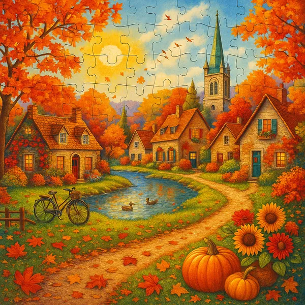 Try solving a puzzle that shows a cozy autumn village scene on PuzzleFree.Game, with warm oranges, golden yellows, and rich reds painting cottages, a tranquil p
