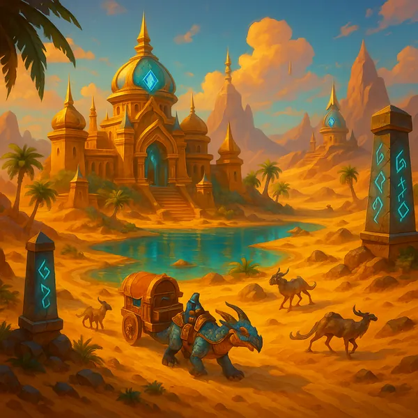 Discover a puzzle with a sunlit desert oasis and a majestic, golden-domed temple rising beside a turquoise pool.
