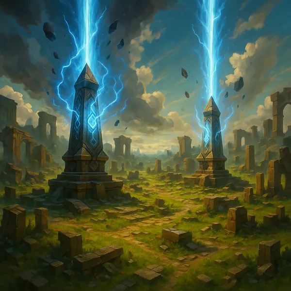 Discover a puzzle with two glowing obelisks sending vivid blue lightning into a dramatic sky above ancient stone ruins.