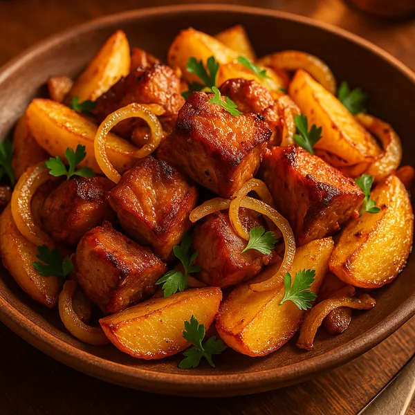 Discover a puzzle with a close-up of a warm, rustic bowl filled with golden roasted potatoes, caramelized onion rings, and browned cubes of glazed pork garnishe