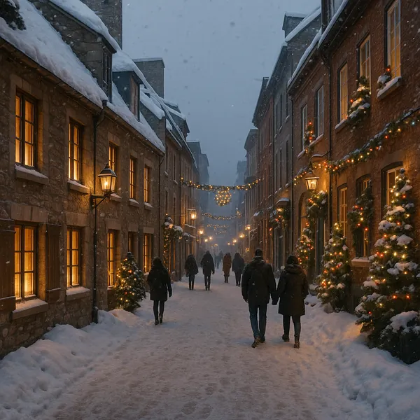 Enjoy assembling a puzzle depicting a snowy, lantern-lit cobblestone street lined with brick buildings adorned in garlands and twinkling Christmas lights.