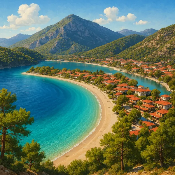 Discover a puzzle with a sunlit Mediterranean bay sweeping in a perfect crescent, turquoise waters fading to deep blue against a golden sandy shore.