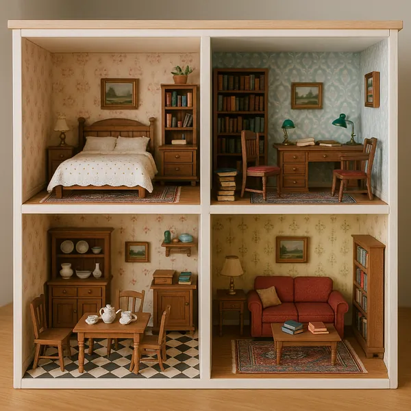 Discover a puzzle with a cozy miniature dollhouse interior, divided into four charming rooms: a soft-white bedroom, a blue-toned study lined with books, a check