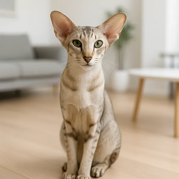 Discover a puzzle with a graceful Oriental-style cat sitting in a sunlit, cozy living room — soft beige and cream fur, striking green eyes, and delicate stripin