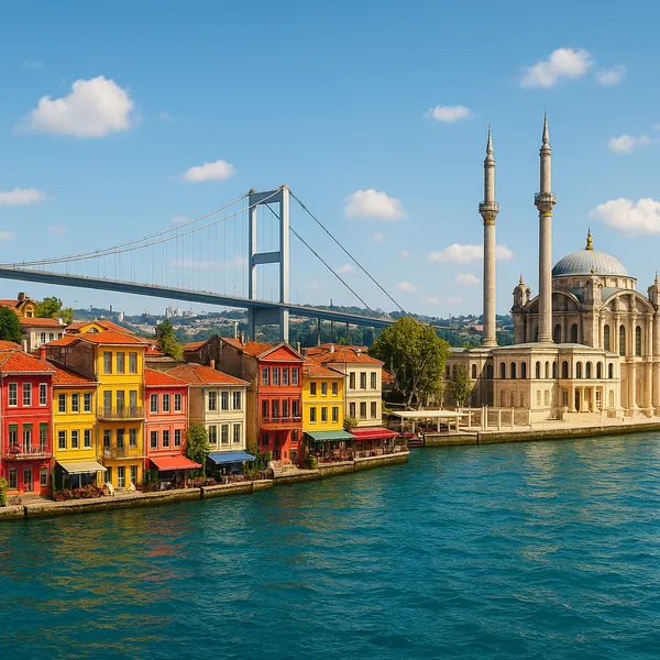 Discover a puzzle with a sunlit Bosphorus waterfront featuring vibrant, colorful houses, a graceful mosque with twin minarets, and the elegant sweep of a suspen