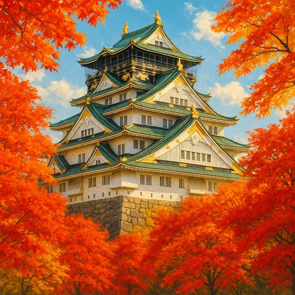 Enjoy assembling a puzzle depicting a graceful multi-tiered Japanese castle rising above a sturdy stone base and framed by a blaze of autumn maple trees.