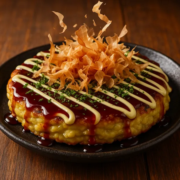 Discover a puzzle with a mouthwatering close-up of a golden okonomiyaki — a savory Japanese pancake drizzled with glossy brown sauce and creamy mayo, topped wit