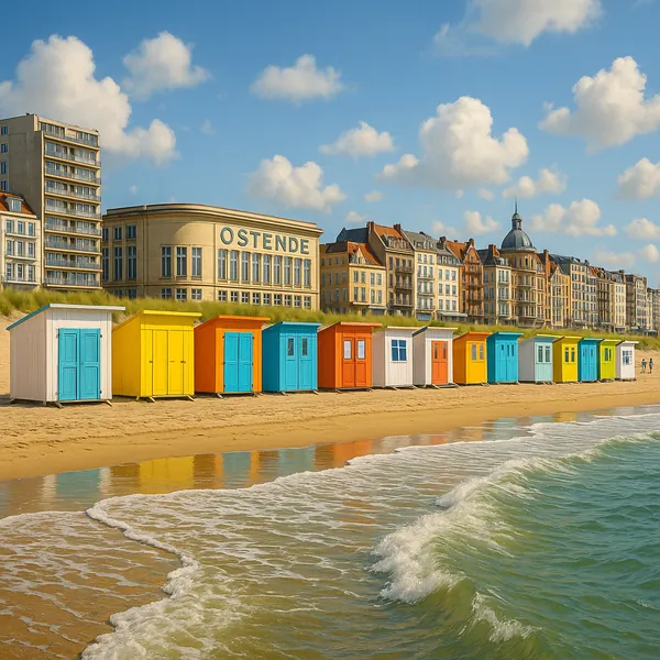 Discover a puzzle with a cheerful row of colorful beach huts lined up along the sandy shore of Ostende, framed by gentle waves, warm golden sand, and an elegant
