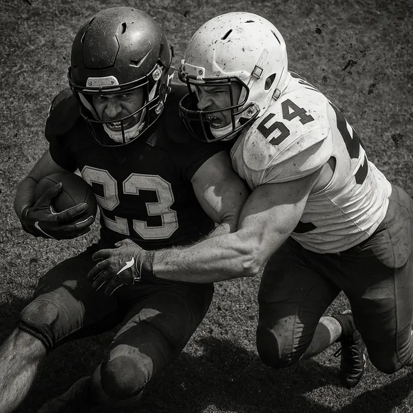 Discover a puzzle with a dramatic black-and-white action shot of two football players locked in a fierce tackle — the ball carrier wearing number 23 drives forw