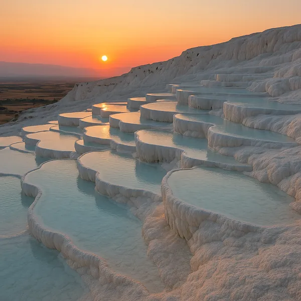 Discover a puzzle with sculpted white terraces filled with glassy turquoise pools beneath a warm, orange sunset.
