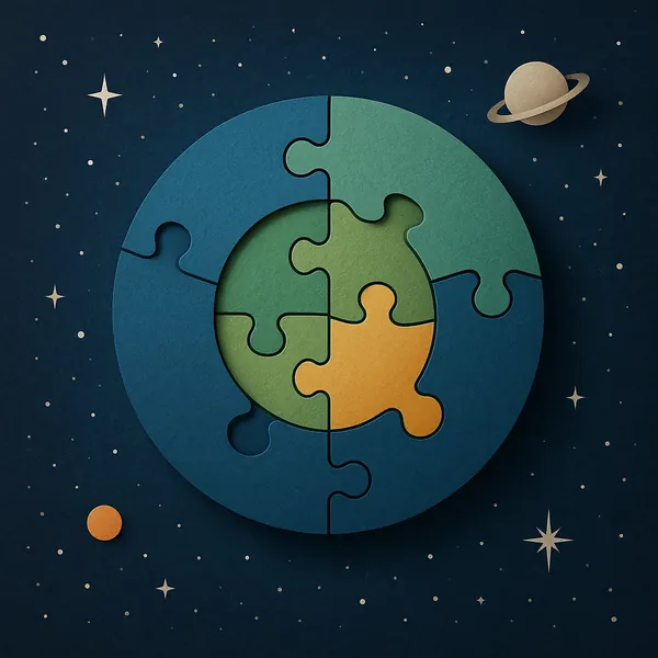 Enjoy assembling a puzzle depicting a stylized Earth-like disc made of interlocking jigsaw pieces surrounded by a starry, midnight-blue space.