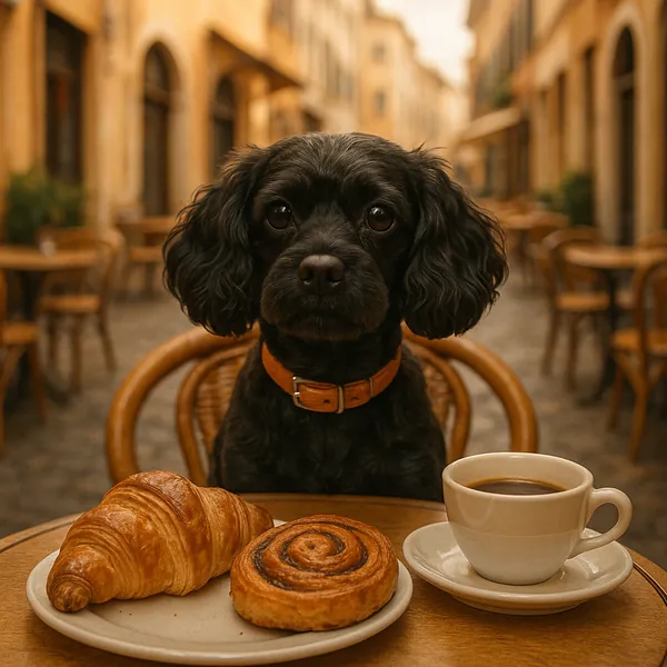 Enjoy assembling a puzzle depicting a charming café scene where a glossy black dog sits at a small round table with a croissant, a cinnamon swirl pastry, and a