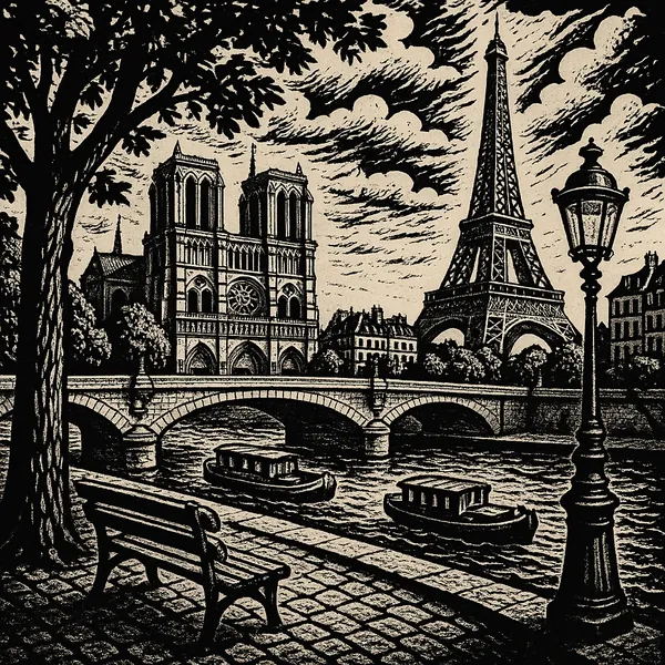 Enjoy assembling a puzzle depicting a vintage monochrome view of Paris with the Eiffel Tower and Notre-Dame along the Seine — inked in rich black on warm cream