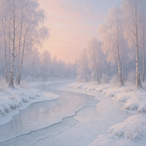 Discover a puzzle with a serene winter scene: a gently frozen river winding through snow‑covered banks and slender birch trees dusted in frost.