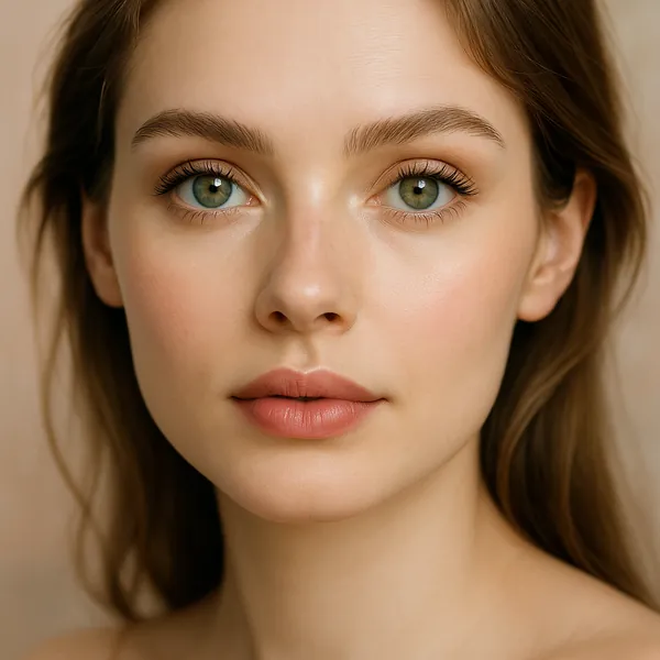 Try solving a puzzle that shows a softly lit close-up portrait of a person with light, natural skin tones — warm beige background, subtle rosy cheeks, mint-gree