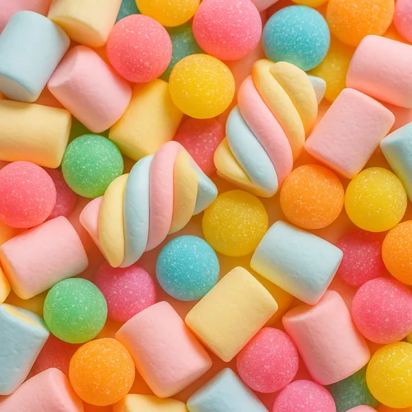 Enjoy assembling a puzzle depicting a close-up pile of pastel marshmallows and round sugar-coated candies in soft pinks, yellows, blues, greens, and oranges.
