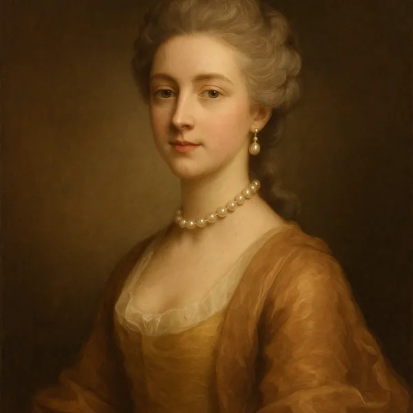 Discover a puzzle with a serene classical portrait of a young woman in warm golden-brown tones, wearing a delicate pearl necklace and drop earring.