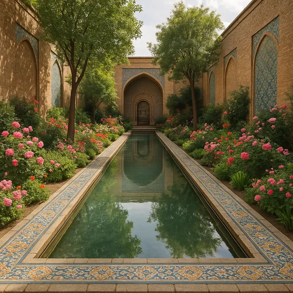 Discover a puzzle with a tranquil walled courtyard centered on a long, mirror-like reflecting pool bordered by ornate blue-and-gold tiles and flanked by lush ro
