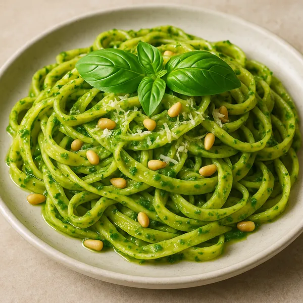 Enjoy assembling a puzzle depicting a close-up plate of vibrant green pesto pasta topped with fresh basil leaves, toasted pine nuts, and a dusting of Parmesan.