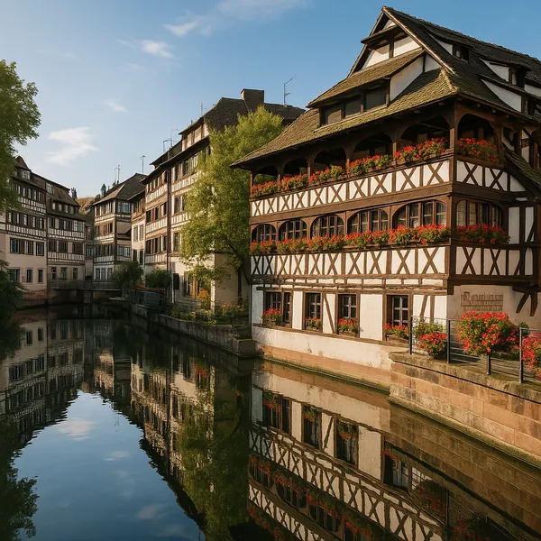Enjoy assembling a puzzle depicting a sunlit European canal scene on PuzzleFree.Game, with charming timber-framed houses lined along calm water.